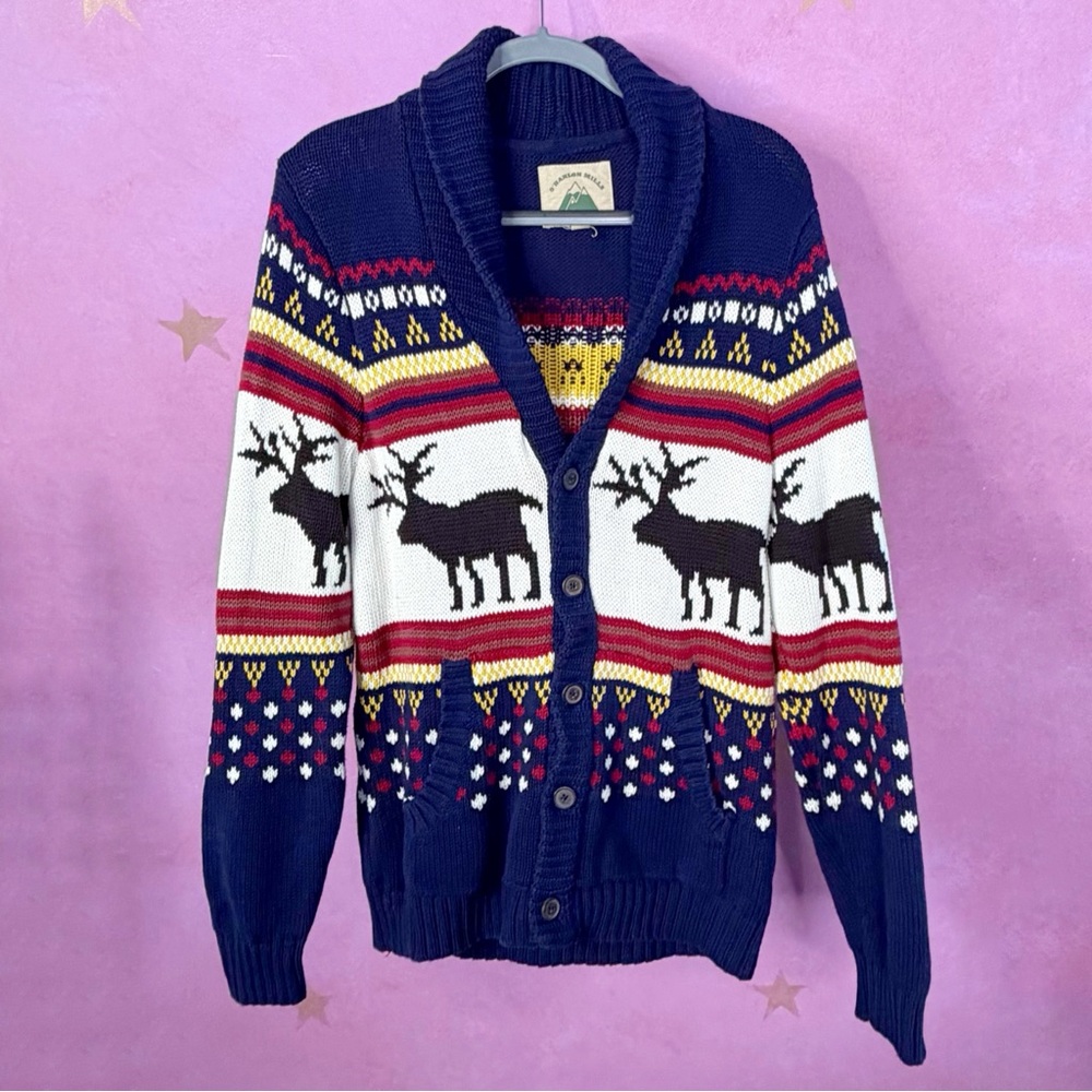 Urban Outfitters O’Hanlon Mills Mens Moose Cardigan Sweater Medium Grandpa Retro